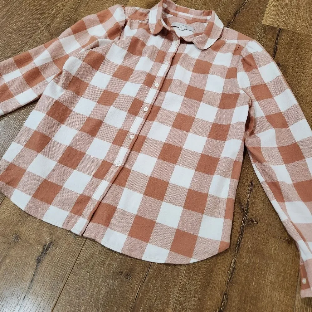 Loft Petite Flannel Plaid Round Collar Shirt sz small cottagecore prairiecore - Picture 4 of 11